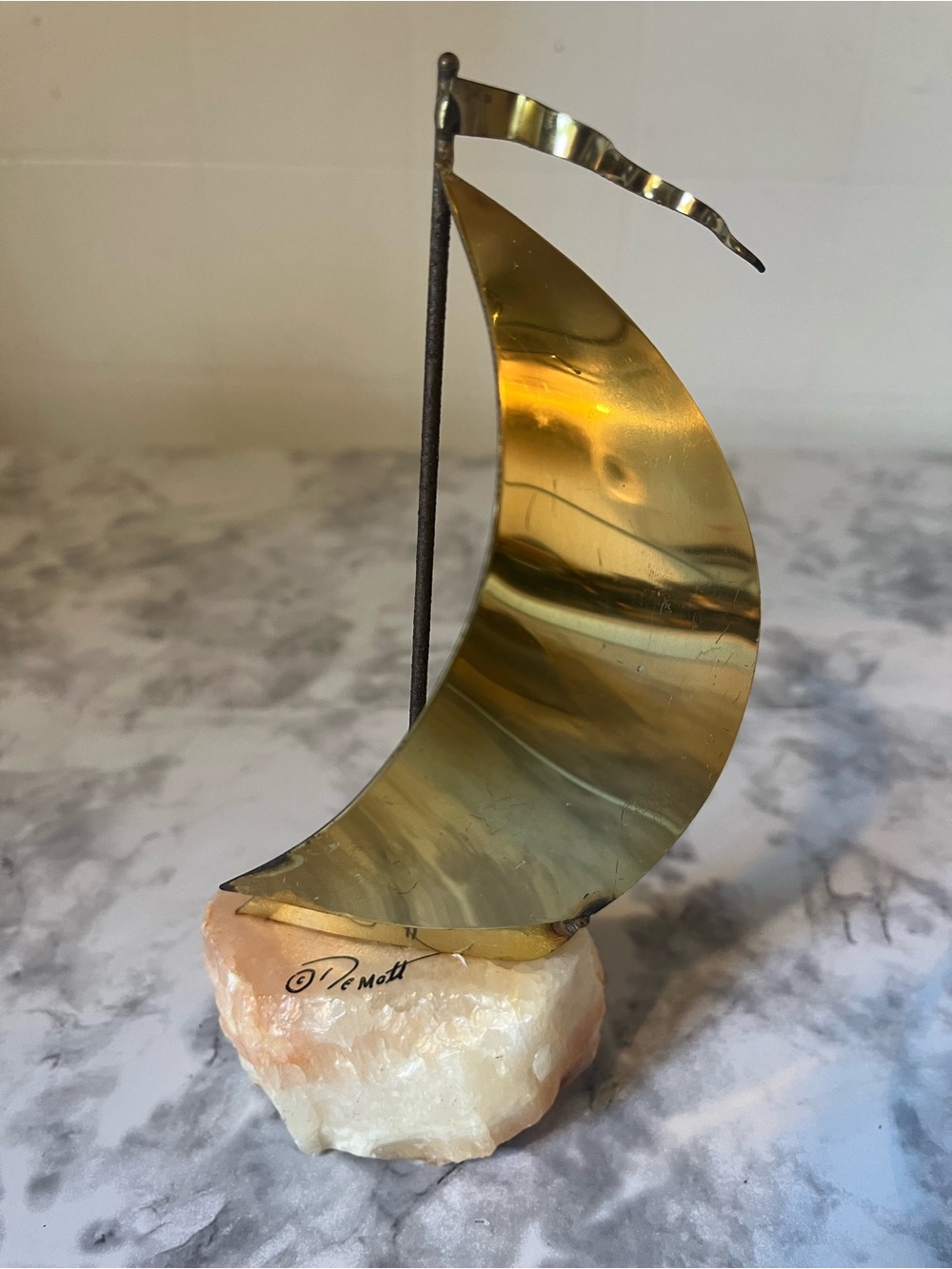 Demott Brass Sailboat On White Onyx Base Signed